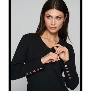 Vilagallo Black Ribbed Cotton V-Neck Sweater Star Button Cuffs XL Luxury MRP$135